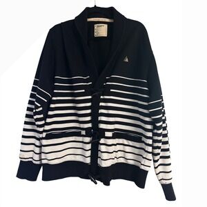 NOT FOR SALE Mens Striped Toggle Cardigan Sweatshirt Black White Shawl Collar XL